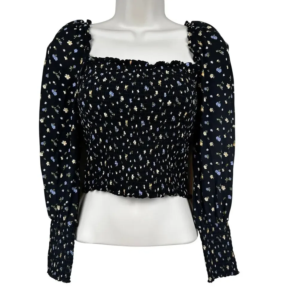 Reformation Blouse Top Pinto Smocked Puff Sleeve Jolene Ditsy Floral Black Small